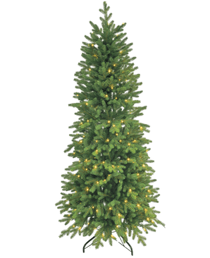 El árbol de Navidad artificial delgado "Undset" PE/PVC - Smart LED tiene ramas densas, luces blancas cálidas y un resistente soporte de metal negro - ideal para decoraciones navideñas en su hogar festivo.