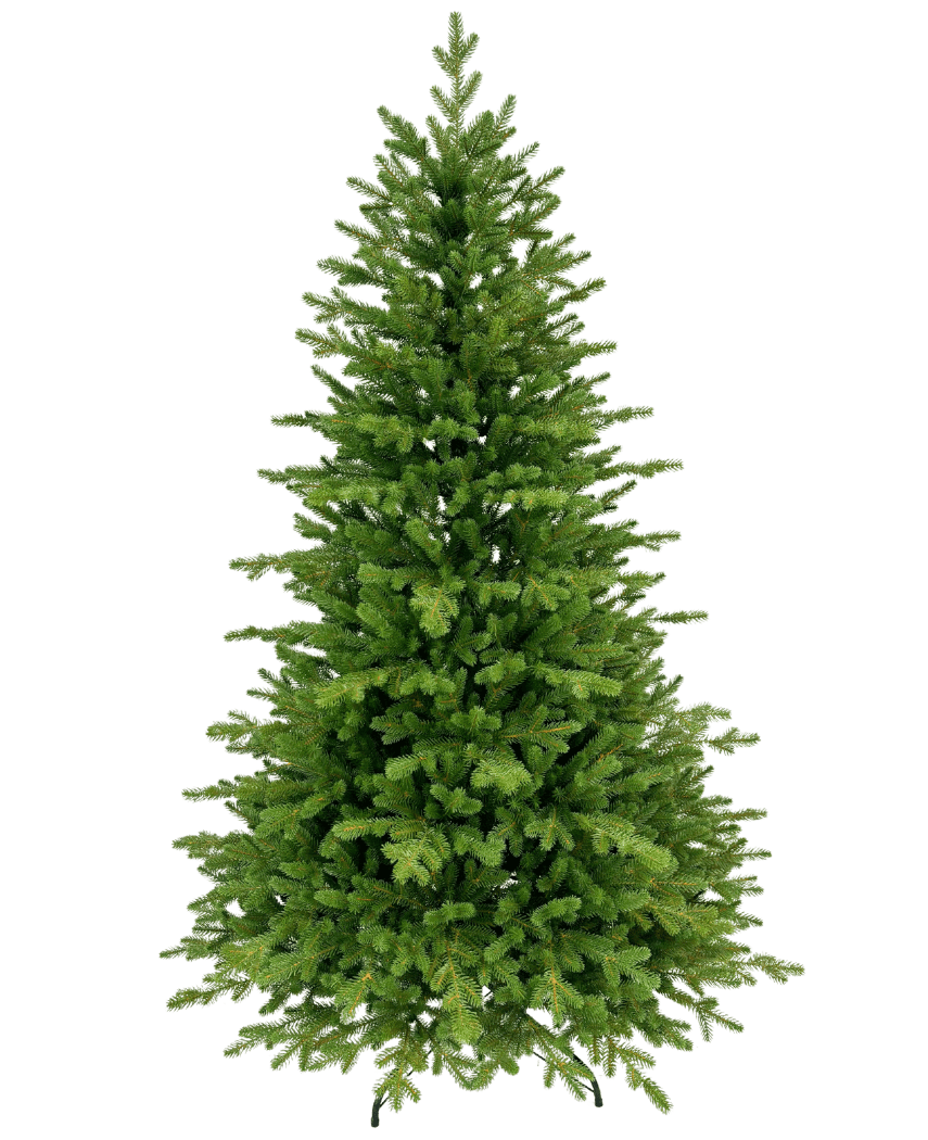 El árbol de Navidad artificial "Vinje" 100% PE es un árbol de Navidad artificial de color verde exuberante con densas ramas de PE y una forma simétrica y natural, que se alza sin decoración sobre un fondo blanco liso.
