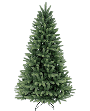 El árbol de Navidad artificial "Weideman" PE/PVC es completo y verde sobre un soporte de metal sobre un fondo blanco liso, listo para colocar sus adornos navideños favoritos.