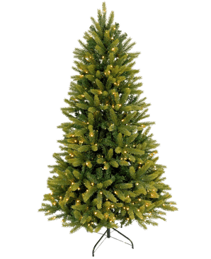 El árbol de Navidad artificial "Weideman" PE/PVC - LED inteligente, con ramas verdes y luces blancas cálidas, se apoya sobre una base de metal negro sobre un fondo blanco liso.