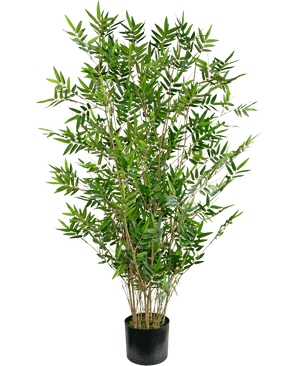 La Planta Artificial Bambú Deluxe 120 cm es un bambú artificial alto con múltiples tallos esbeltos y finas hojas verdes, presentado en una sencilla maceta negra sobre un fondo blanco liso.