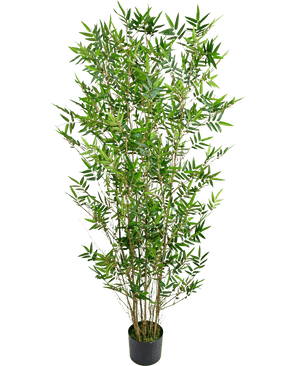 La Planta Artificial Bamboo Deluxe 150 cm es una planta alta de bambú en una maceta con esbeltas hojas verdes y varios tallos delgados, fotografiada sobre un fondo blanco liso.