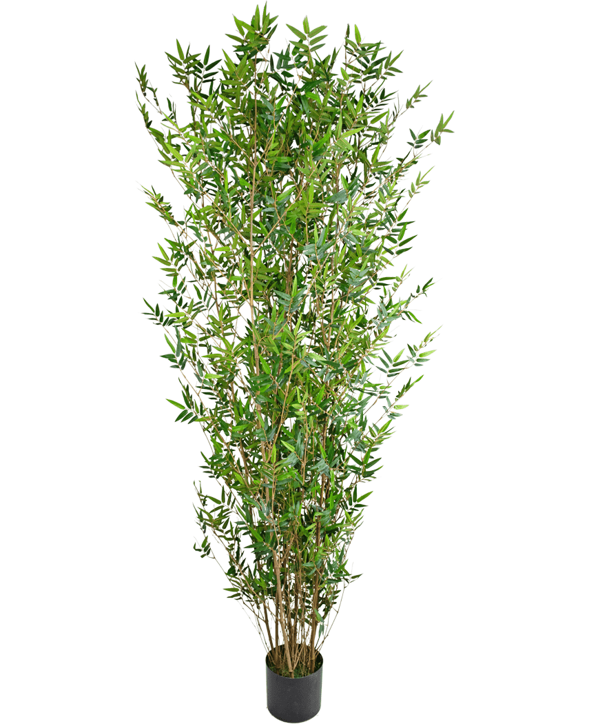 La Planta Artificial Bambú Deluxe 210 cm es un bambú artificial alto con esbeltas hojas verdes y finos tallos marrones, en una pequeña maceta negra, perfecta para añadir verdor a cualquier espacio.