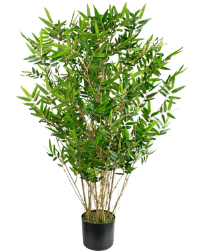 La Planta Artificial Bamboo Deluxe 90 cm es un bambú artificial alto, frondoso y verde con ramas delgadas y hojas largas y estrechas en una maceta negra, representado sobre un fondo blanco liso.