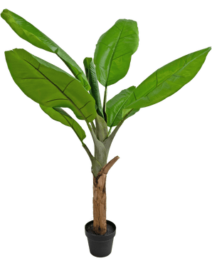 La Planta Artificial Plátano 120 cm es una planta de plátano en maceta con hojas grandes y de un verde vibrante y un tallo grueso de color marrón, sobre un fondo blanco.
