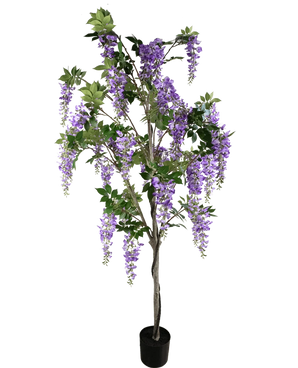 La planta de glicina artificial de 210 cm es una glicina artificial en una maceta con hojas verdes y racimos de flores de color violeta sobre un fondo blanco liso.