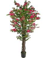 La buganvilla artificial de 180 cm es una planta artificial alta con tallos retorcidos de color marrón, hojas de un verde vibrante y ramos de flores de color rosa brillante en una maceta.