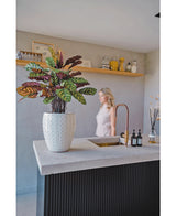 La Planta Artificial Calathea Makoyana UV 75 cm roja, con vibrantes hojas verdes y moradas, se alza sobre una moderna isla de cocina con un grifo dorado; una mujer con un vestido claro aparece borrosa en el fondo cerca de una pared beige y un estante decorativo.