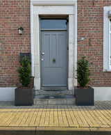 Una puerta gris con buzón y aldaba está empotrada en una pared de ladrillos. Dos árboles artificiales de conífera UV de 120 cm están a cada lado de la entrada y la casa número 30 está montada al lado de la puerta.