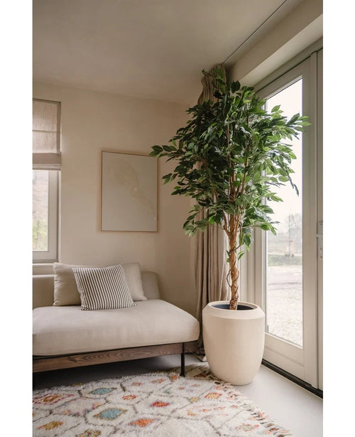Un salón moderno con un sofá beige, un cojín a rayas, arte abstracto en la pared, una alfombra estampada, un ventanal de suelo a techo con cortinas transparentes que dejan pasar la luz natural y una Planta Artificial Ficus Verde 210 cm.