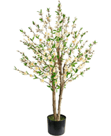 La Planta de Cerezo Artificial en Flor 120 cm crema es un cerezo artificial en flor en una maceta con múltiples troncos marrones, hojas verdes y racimos de pequeñas flores blancas sobre un fondo blanco liso.