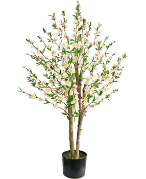 La Planta de Cerezo Artificial en Flor 120 cm crema es un cerezo artificial en flor en una maceta con múltiples troncos marrones, hojas verdes y racimos de pequeñas flores blancas sobre un fondo blanco liso.