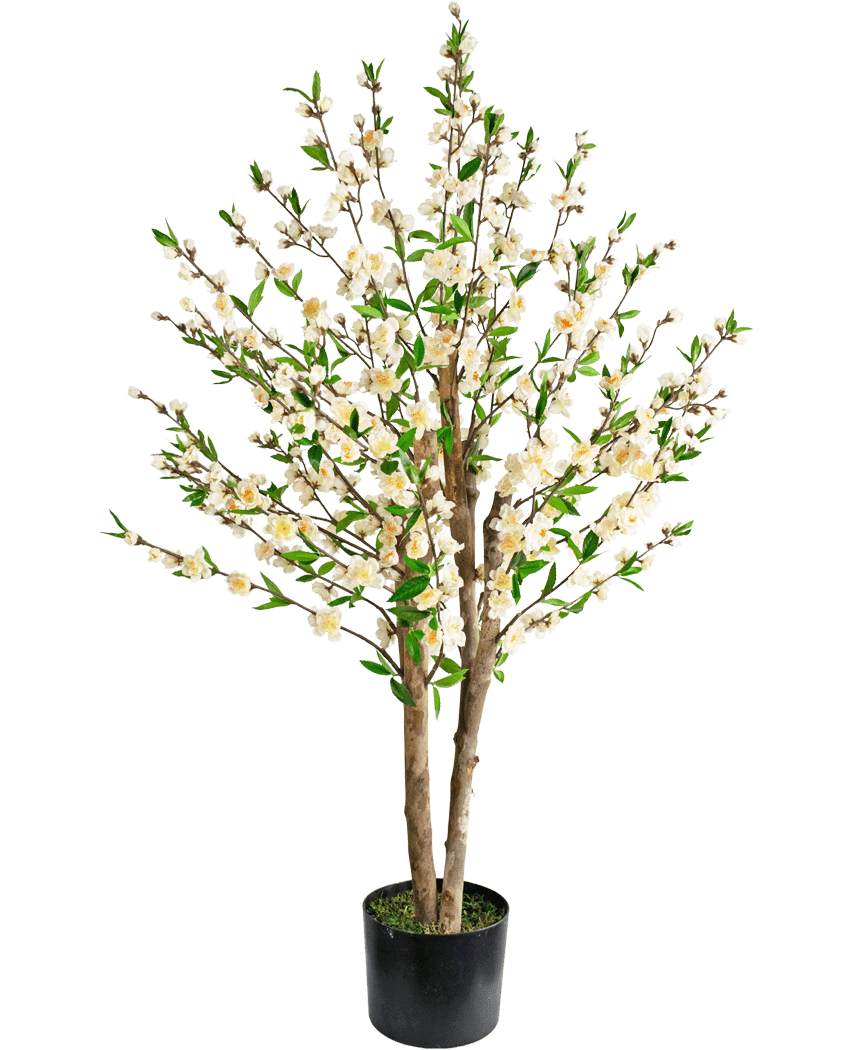 La Planta de Cerezo Artificial en Flor 120 cm crema es un cerezo artificial en flor en una maceta con múltiples troncos marrones, hojas verdes y racimos de pequeñas flores blancas sobre un fondo blanco liso.