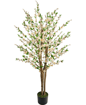La planta de cerezo artificial color crema de 150 cm tiene múltiples troncos marrones, hojas verdes y ramos de pequeñas flores blancas en un árbol artificial en una maceta sobre un fondo blanco liso.
