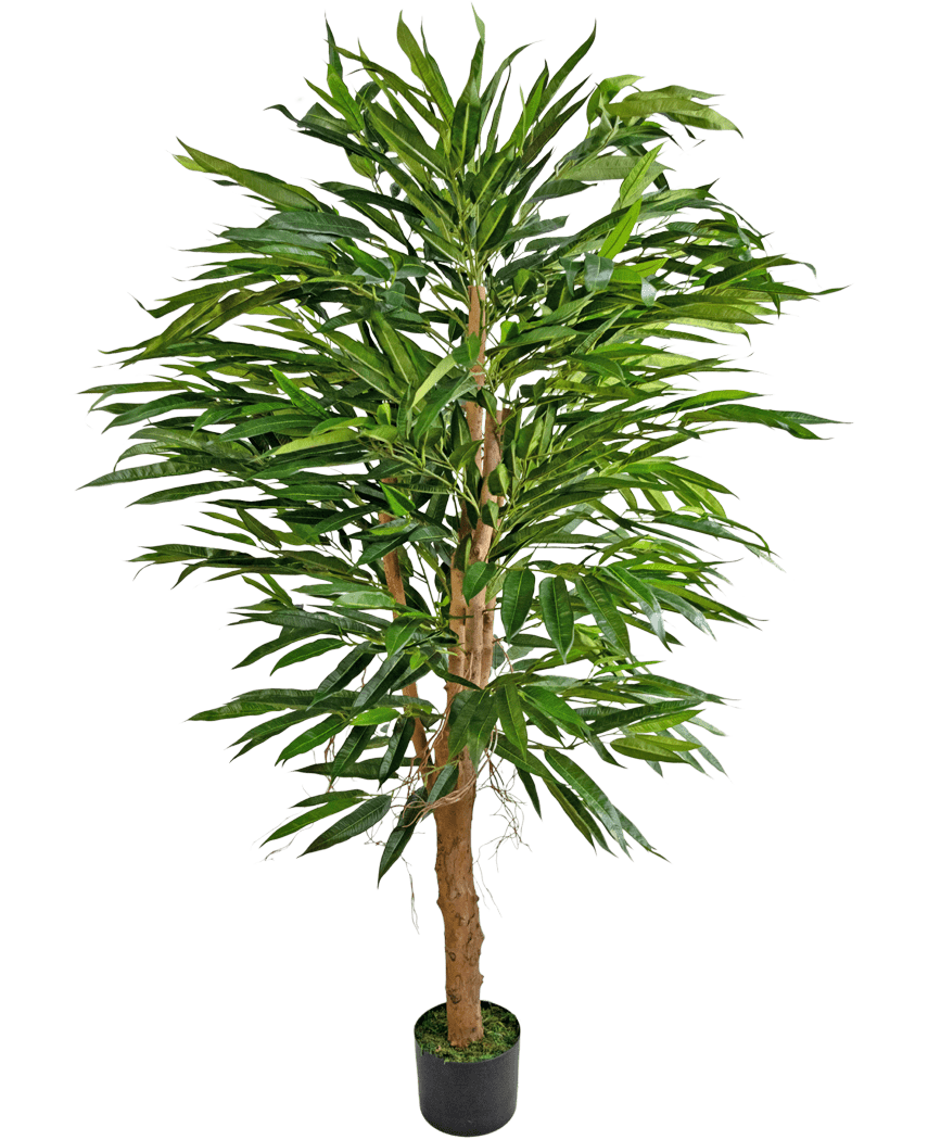 La Planta Artificial Longfolia 150 cm es un bambú artificial alto con múltiples tallos marrones y hojas verdes largas y estrechas, presentado en una pequeña maceta negra sobre un fondo blanco liso.