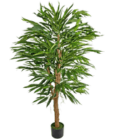 La Planta Artificial Longfolia 150 cm es un bambú artificial alto con múltiples tallos marrones y hojas verdes largas y estrechas, presentado en una pequeña maceta negra sobre un fondo blanco liso.