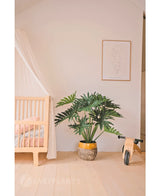 Una habitación infantil acogedora y minimalista con una cuna y un dosel de madera a la izquierda, una planta artificial de filodendro UV de 90 cm en el centro como obra maestra, a la derecha una bicicleta de juguete de madera y encima una sencilla impresión artística lineal.