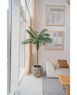 La Planta Artificial Phoenix Palm De Luxe 180 cm en maceta estructurada se coloca junto a grandes ventanales en un luminoso salón con mobiliario neutro, con un sofá blanco, cojines beige, una mesa de madera y arte abstracto en la pared.
