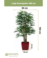 Palmera artificial de 180 cm en maceta roja, 180 cm de alto y 80 cm de ancho; La maceta mide 14 cm de alto y 18 cm de ancho. Se muestra el logotipo de la marca y las dimensiones: perfecta como elegante planta artificial verde para cualquier habitación.