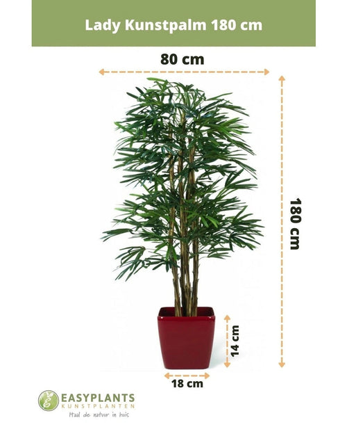 Palmera artificial de 180 cm en maceta roja, 180 cm de alto y 80 cm de ancho; La maceta mide 14 cm de alto y 18 cm de ancho. Se muestra el logotipo de la marca y las dimensiones: perfecta como elegante planta artificial verde para cualquier habitación.