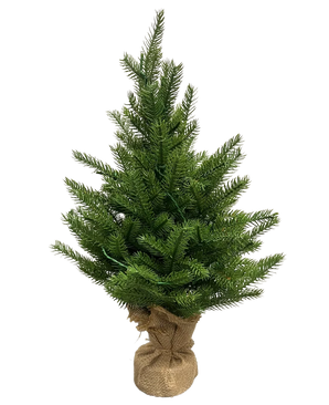El Árbol de Navidad Artificial Mini "Munchi" 60 cm 100% PE - Smart LED es un pequeño árbol de Navidad artificial de color verde con agujas de tacto real, una base envuelta en yute y que se alza sobre un fondo blanco liso.