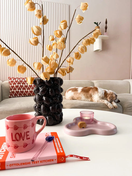 Un acogedor salón con un sofá beige, un gato durmiendo, un escultural jarrón negro que contiene la Flor Artificial Physalis Lampion marrón de 90 cm, una taza rosa "LOVE", un libro, una vela y una galleta sobre la mesa de centro.