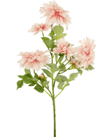 La Flor Artificial Dalia 68 cm rosa tiene un único tallo verde con varias flores de dalia de color rosa claro y hojas verdes, sobre un fondo blanco liso.