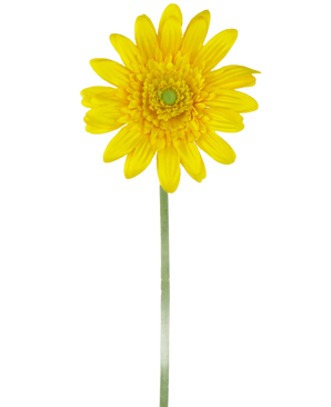La Flor Artificial Gerbera 53 cm amarilla es una única margarita artificial amarilla con un corazón verde y un largo tallo verde, sobre un fondo blanco liso.