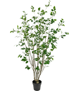 La Planta Artificial Ficus 180 cm es un árbol artificial alto en una maceta con varios troncos esbeltos de color marrón y densas hojas verdes sobre un fondo blanco liso.