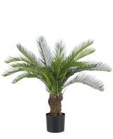 La palmera Cycas artificial de 80 cm tiene una cícada verde larga y curvada y un tronco grueso y estructurado. La planta está en una sencilla maceta negra sobre un fondo blanco liso.