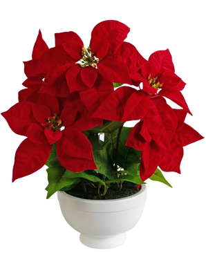 La Planta Artificial Poinsettia 44 cm roja es una maceta blanca con una planta de poinsettia con hojas de color rojo vibrante en forma de estrella y follaje verde sobre un fondo blanco liso.