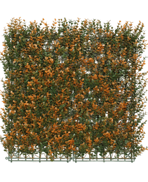 El seto artificial Buxus naranja 50x50 cm UV es un panel artificial cuadrado con follaje verde y naranja sobre una rejilla de plástico, ideal como seto decorativo o pantalla de privacidad, que se muestra aquí sobre un fondo blanco liso.