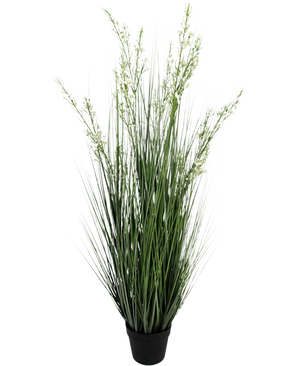 El Bonsái de Césped Artificial Mijo-Cebolla ignífugo de 120 cm tiene hojas altas y delgadas de color verde y pequeñas flores blancas en una sencilla maceta negra, sobre un fondo blanco liso.