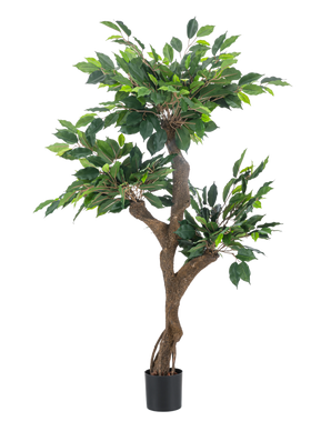 La planta artificial Ficus Crazy 120 cm es un árbol artificial alto en una maceta con múltiples troncos marrones y densas hojas verdes, representado sobre un fondo blanco liso.