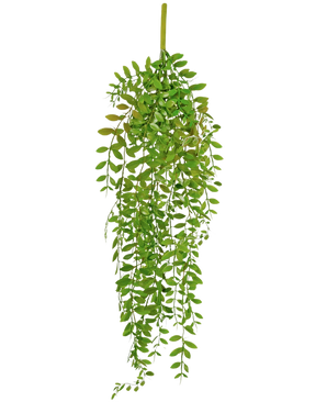 La planta colgante artificial Pumila de 89 cm tiene pequeñas hojas ovaladas de color verde sobre varios tallos colgantes sobre un fondo blanco liso.