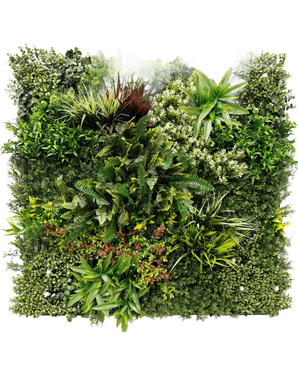El Seto Artificial Prestiage 100x100 cm UV es un denso panel de jardín vertical con diversas plantas y follajes verdes en disposición cuadrada, con diferentes formas de hojas, tamaños y tonalidades de verde.