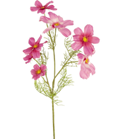 Una sola Flor Artificial Cosmos de 74 cm fucsia con hojas delicadas y plumosas y múltiples flores fucsia con centros amarillos se muestra sobre un fondo blanco liso.