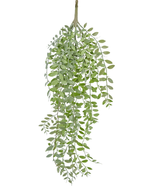 La planta colgante artificial Pumila/Eucalyptus 76 cm tiene hojas verdes estrechas y tallos delgados que caen sobre un fondo blanco liso.