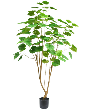 La planta artificial Ficus 180 cm es una planta de interior alta en maceta con varios tallos delgados de color marrón y grandes hojas verdes, representada sobre un fondo blanco liso.
