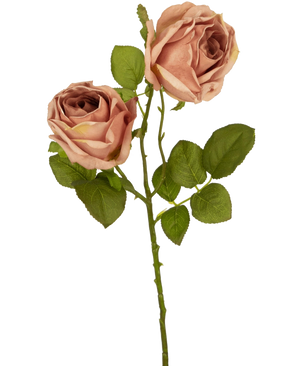 La Rosa Artificial Deluxe de 55 cm rosa tiene dos rosas artificiales de color marrón rosado con hojas verdes en un solo tallo, que forman un contraste sorprendente sobre un fondo blanco liso.
