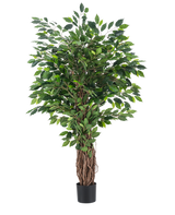 La Planta Artificial Ficus Tropical Liana 150 cm es un árbol artificial alto con un tronco trenzado y densas hojas verdes, presentado en una pequeña maceta negra sobre un fondo liso blanco.