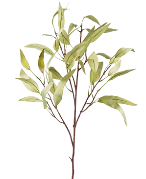La Rama Artificial Eucalipto Niphophila 108 cm verde tiene un único tronco marrón con varias ramas delgadas, cada una decorada con hojas alargadas de color verde claro, sobre un fondo blanco liso.