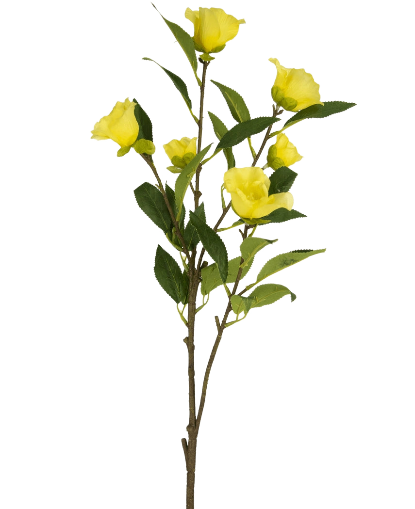 La flor artificial Camelia de 80 cm amarilla tiene un solo tallo con múltiples flores artificiales de camelia de color amarillo brillante y hojas verdes, representadas sobre un fondo blanco liso.
