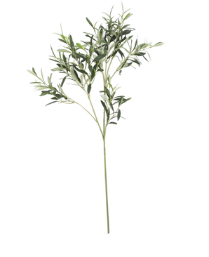 La hoja de olivo artificial 90 cm UV, con finas hojas verdes y un largo tallo, destaca sobre un fondo blanco para crear una sutil atmósfera mediterránea.