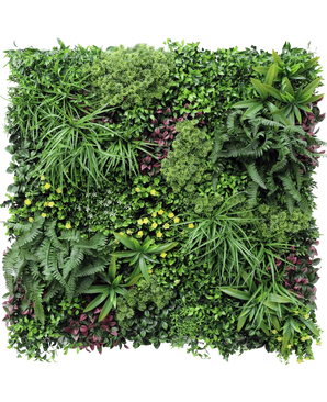 El seto artificial Wonderland 100x100 cm UV es un jardín vertical cuadrado con una densa mezcla de hojas verdes y moradas, helechos y pequeñas flores amarillas en una disposición exuberante y estructurada.