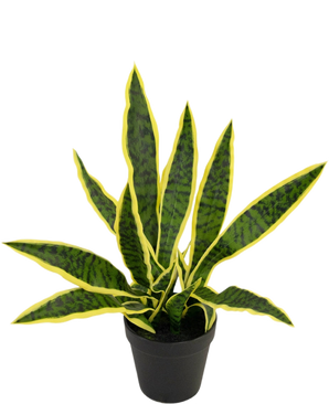 Sobre un fondo blanco liso se presenta una planta artificial Sansevieria Laurentii de 44 cm en maceta decorativa con hojas largas y verticales de color verde, bordes amarillos y rayas oscuras.