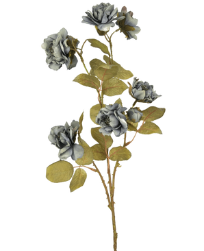 La Rosa Artificial Nero 68 cm azul tiene varias rosas artificiales de color azul grisáceo con hojas verdes sobre delgados tallos marrones sobre un fondo blanco liso.