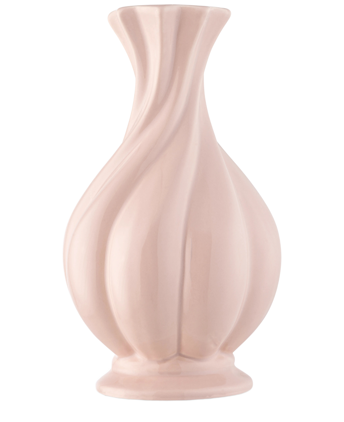 El jarrón Little Fairy 26 cm rosa es un jarrón de cerámica rosa claro brillante con un borde acampanado y ranuras esculpidas en forma de remolino, ideal para exponer un ramo de flores artificiales de seda. En la foto sobre un fondo blanco liso.