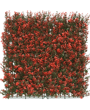El Seto Artificial Boj rojo 50x50 cm UV es un panel verde artificial cuadrado con pequeñas hojas verdes densas y racimos de flores rojas, ideal para decoración o privacidad.