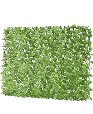 El seto artificial Ivy extensible 200x100 cm es un panel rectangular de hojas verdes artificiales sobre una rejilla, diseñado para parecerse a un seto frondoso o una pantalla de privacidad, representado sobre un fondo blanco.
